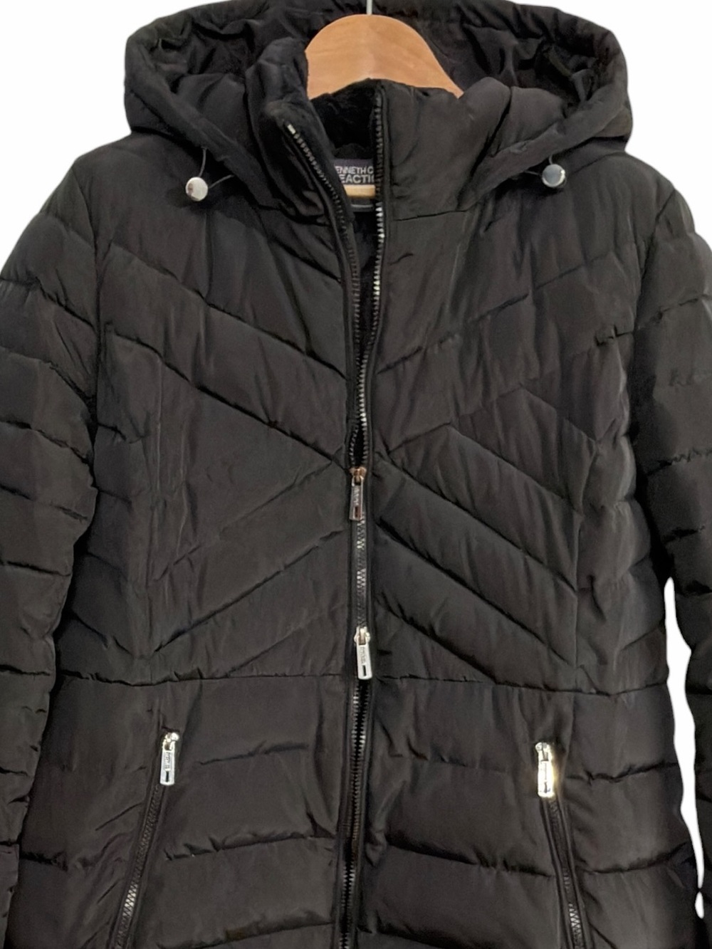 Kenneth Cole Reaction Black Hooded Long Puffer Coat Quilted Zip Jacket Large - Picture 4 of 8